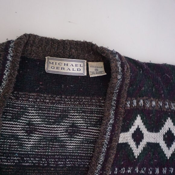 Vintage Michael Gerald Brown Fair Isle Knit Cardigan Cabincore Grandmacore M - Picture 4 of 10